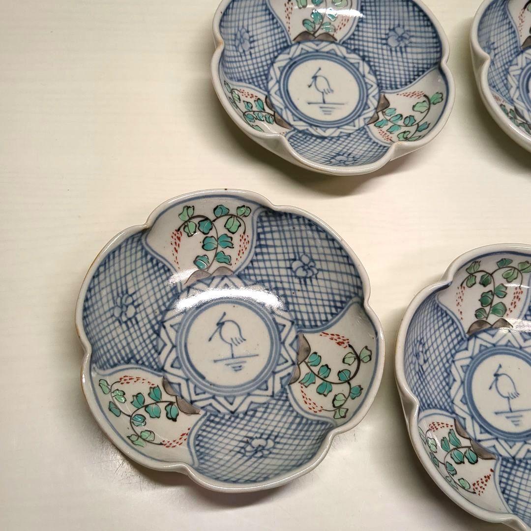 走破窯　希少　五代　佐藤走破作　染錦　花草白鷺文　花形小皿　銘々皿