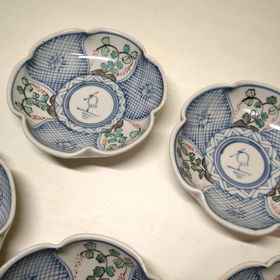 走破窯　希少　五代　佐藤走破作　染錦　花草白鷺文　花形小皿　銘々皿