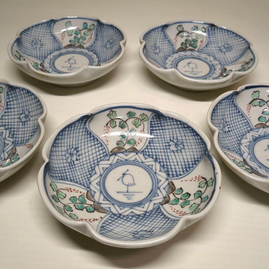 走破窯　希少　五代　佐藤走破作　染錦　花草白鷺文　花形小皿　銘々皿