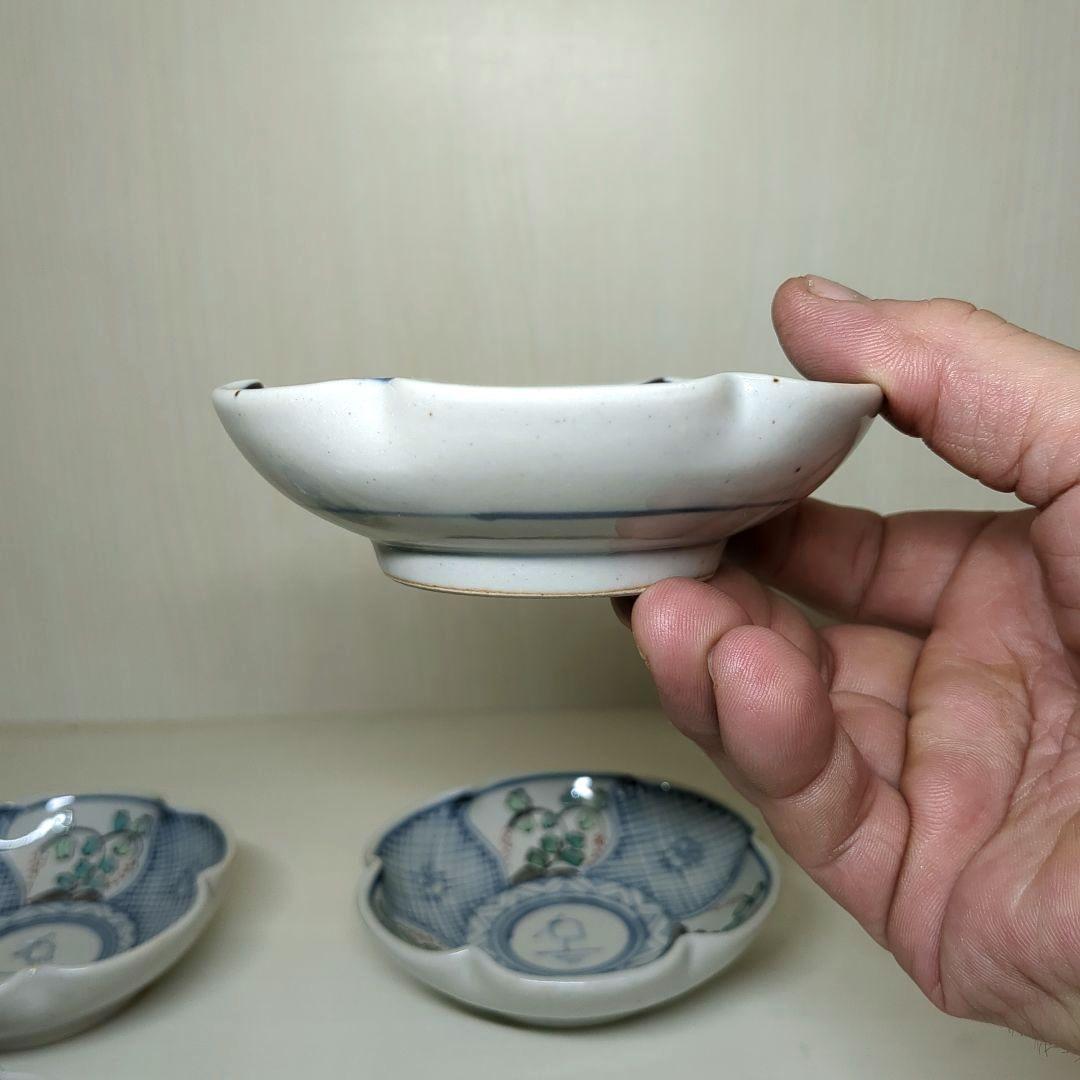 走破窯　希少　五代　佐藤走破作　染錦　花草白鷺文　花形小皿　銘々皿