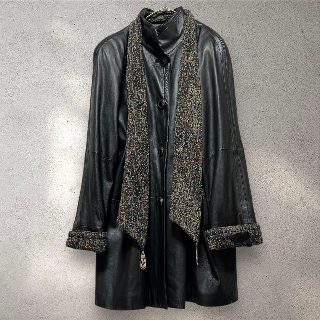 希少　ピエールバルマン　Ｆ　ラムレザーコート マフラー付き　黒　ブラック　レトロ