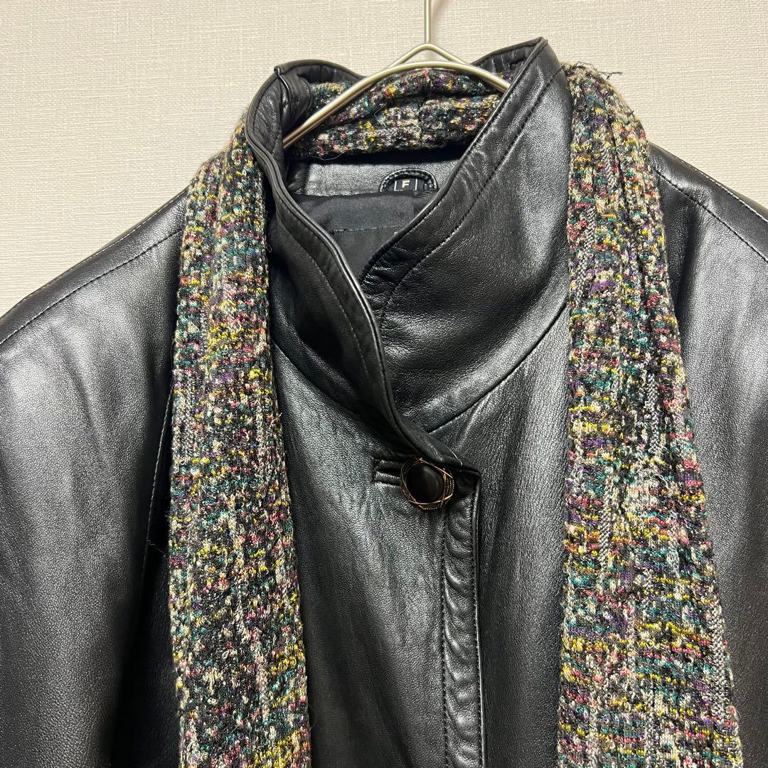 希少　ピエールバルマン　Ｆ　ラムレザーコート マフラー付き　黒　ブラック　レトロ