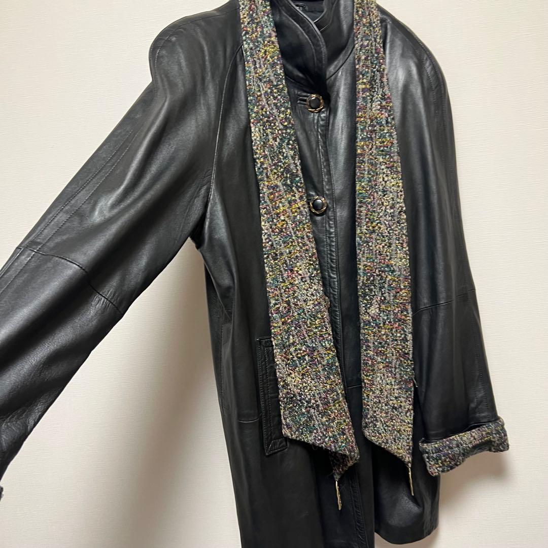 希少　ピエールバルマン　Ｆ　ラムレザーコート マフラー付き　黒　ブラック　レトロ