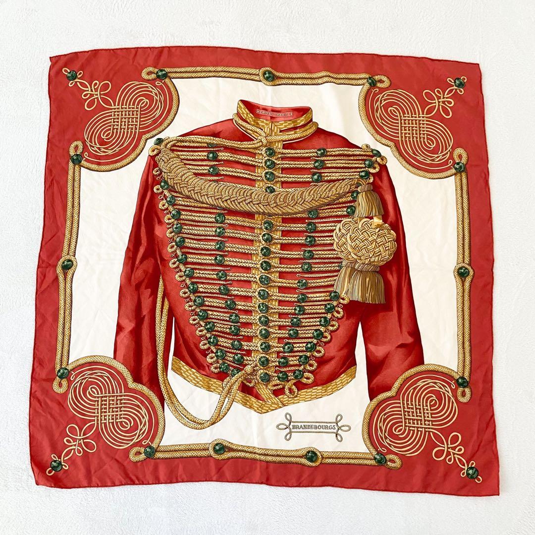 HERMES カレ90 ブランドブール カティラサム　赤×金緑 シルク100