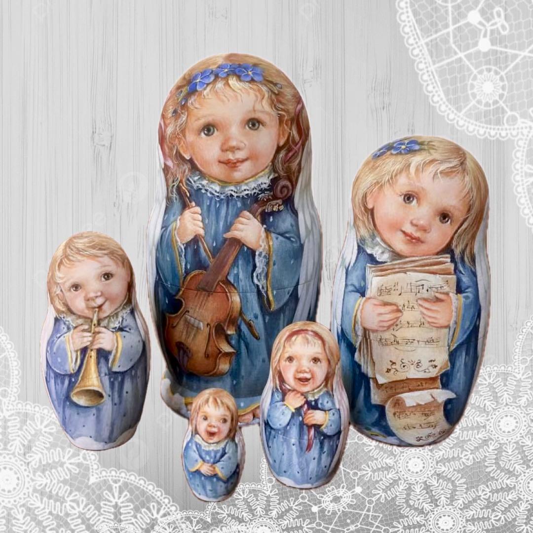 ロシア雑貨☆天使マトリョーシカ(5P)ブルーエンジェル リダ工房