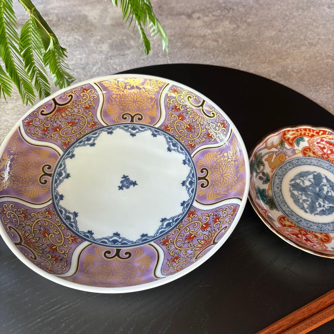献上古伊万里　大皿　５枚セット　紫　パープル　約20cm 多用皿　金彩　和食器