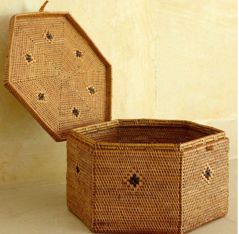 アジアン雑貨　アタのカゴ　未使用品　アタで編まれたフタ付き小物入れケース [L]