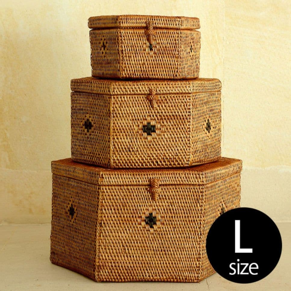 アジアン雑貨　アタのカゴ　未使用品　アタで編まれたフタ付き小物入れケース [L]