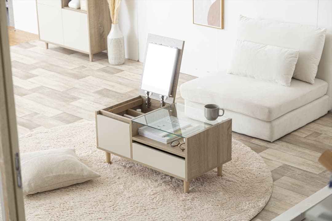 【送料無料】ディスプレイ収納付きドレッサーテーブル 机 ロー ガラス天板