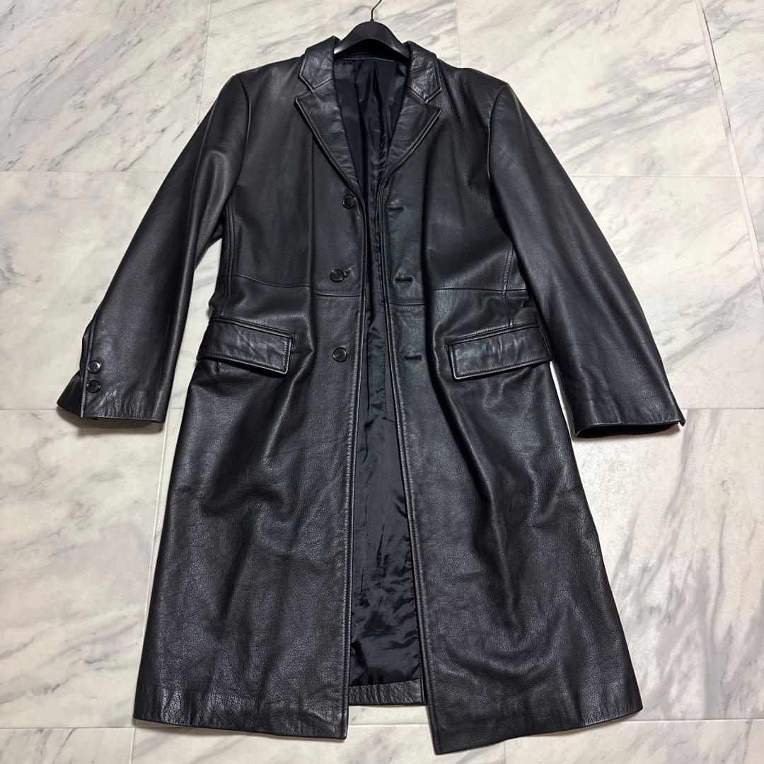 【極希少】本革 ブラック ロングコート AAJ-7917-B Aライン　メンズ