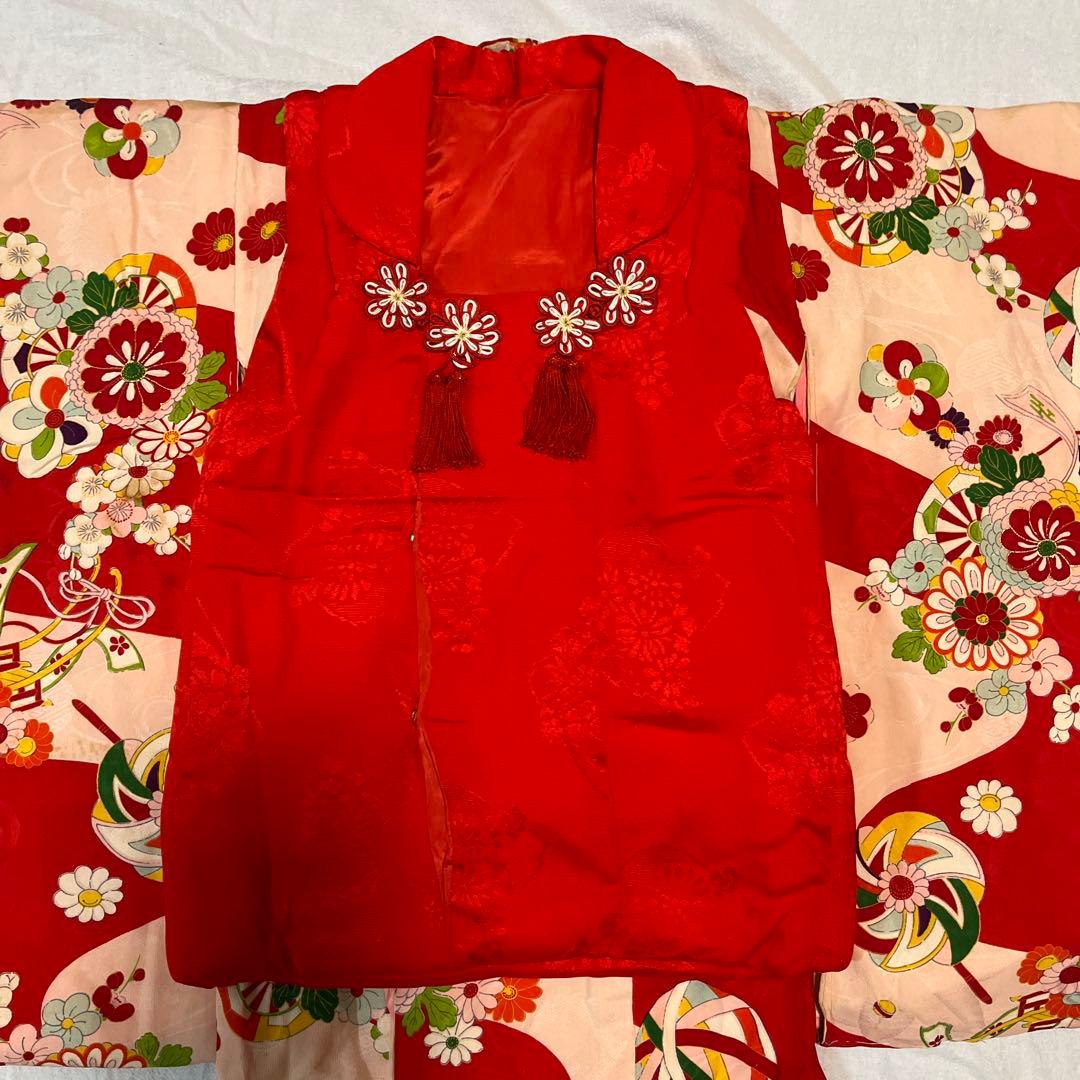 七五三　3歳　着物　アンティーク　ピンク　赤　被布　正絹