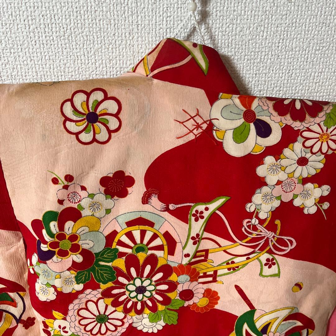 七五三　3歳　着物　アンティーク　ピンク　赤　被布　正絹