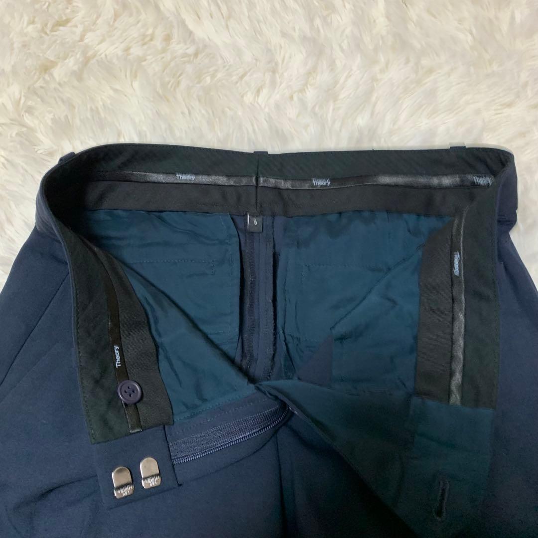 【人気】セオリー　ネイビー　ノーカラー　S セット　パンツスーツ　背抜き