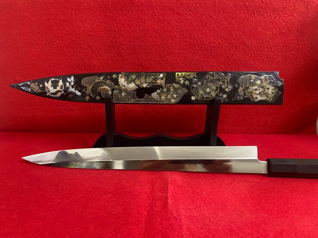 柳刃包丁 尺一　刺身包丁 鏡面仕上げ 黒檀黒水牛八角柄