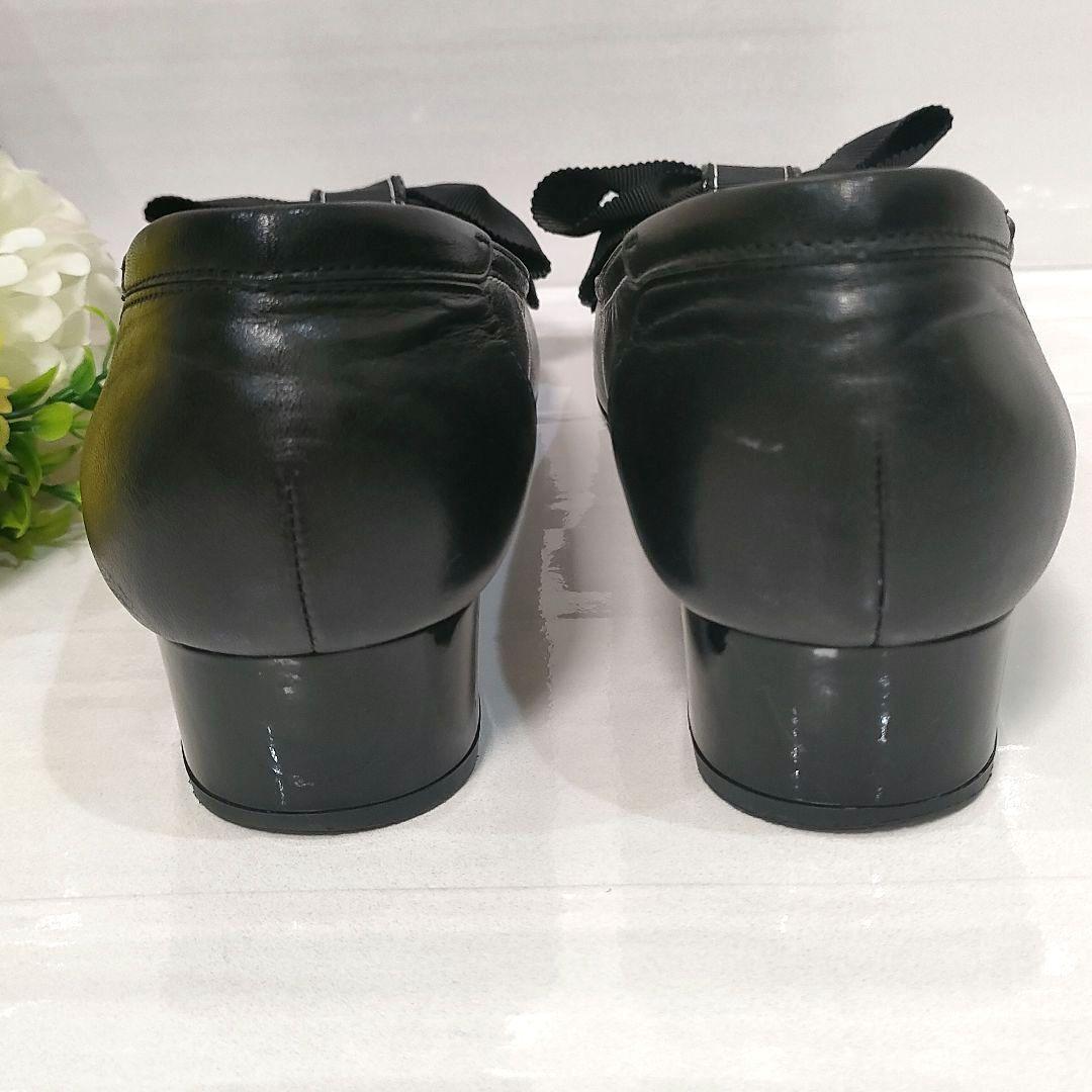 未使用級 ミハマ 本革 撥水加工 レザーシューズ パンプス リボン 黒 23.5