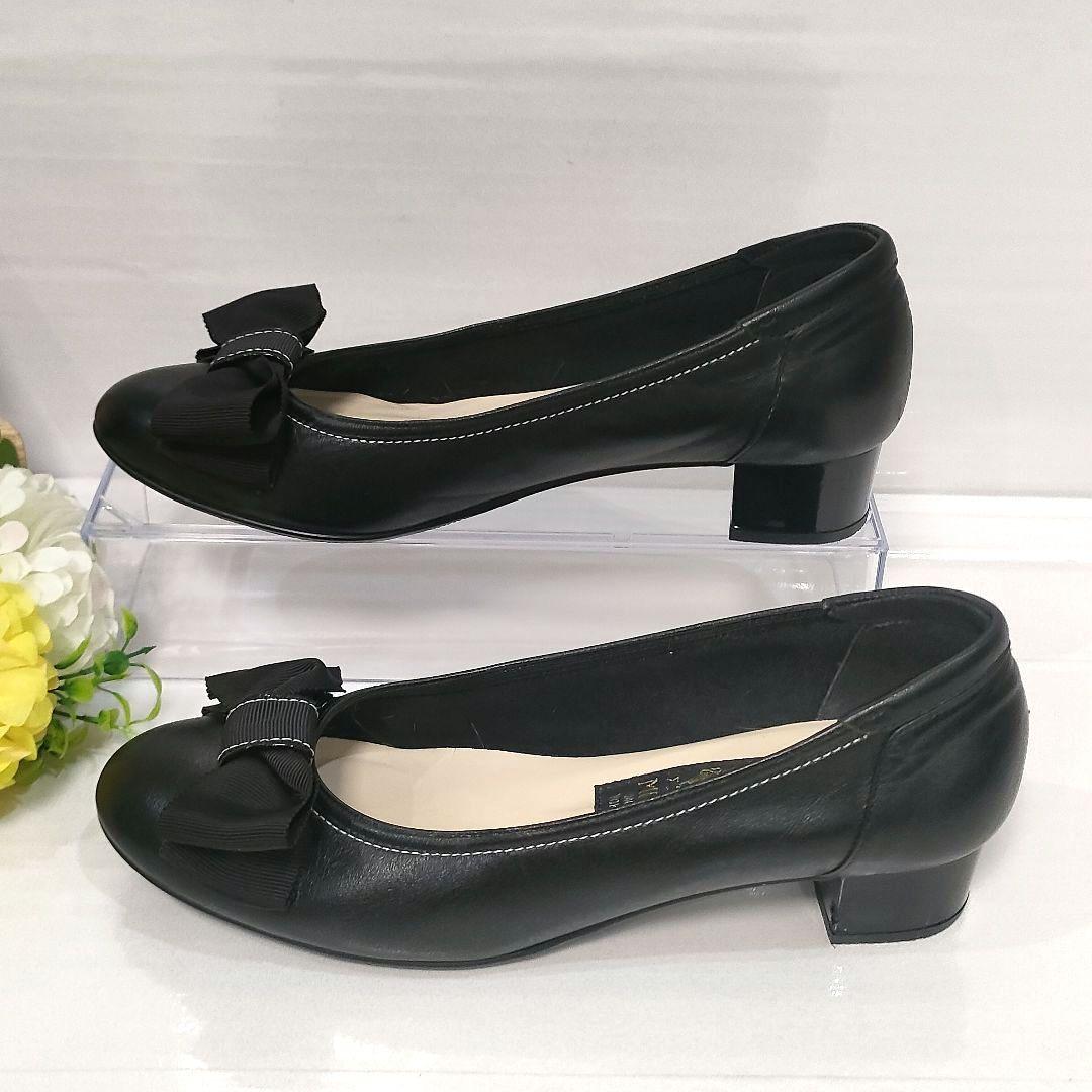 未使用級 ミハマ 本革 撥水加工 レザーシューズ パンプス リボン 黒 23.5
