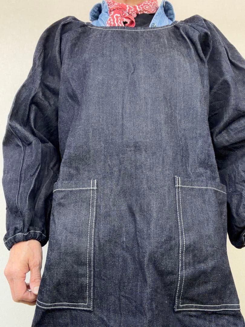 デニム割烹着 ダークブルー 長袖
