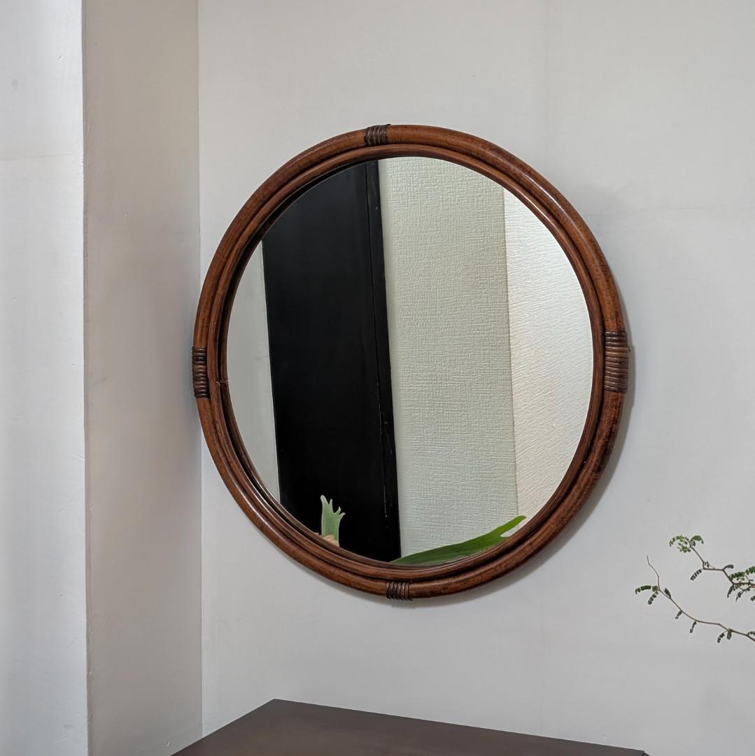 ラタン ウォールミラー 円形 大きめ 丸 壁掛け鏡 ビンテージ ブラウン