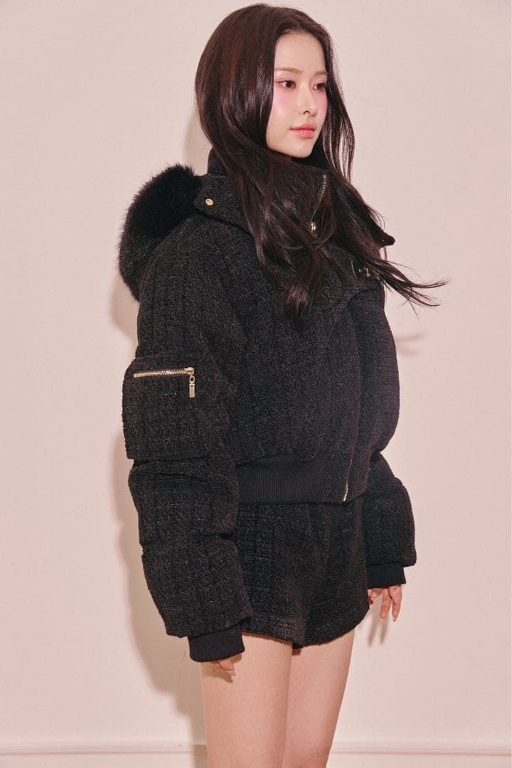 Randy アシンメトリーバックルツイードパデットジャケット ブラック