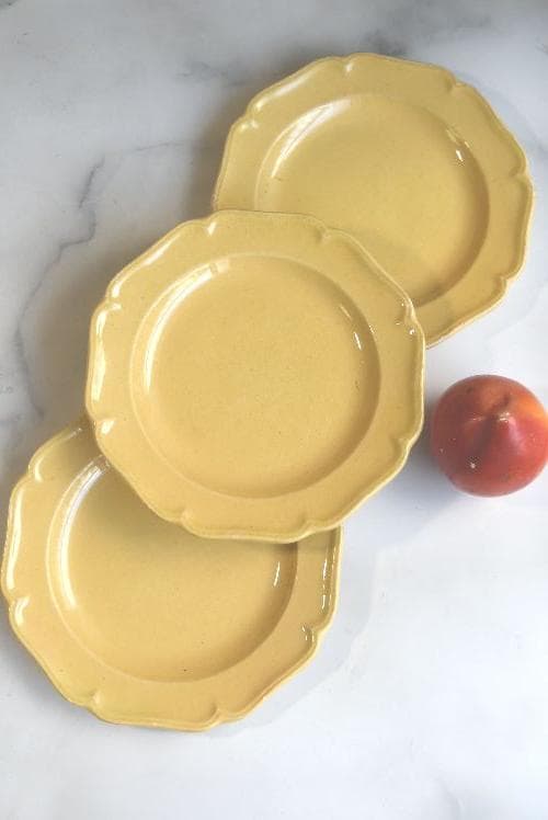 訳有3枚組　19世紀アプト窯　黄釉花リム　デセール皿　アンティーク　金継