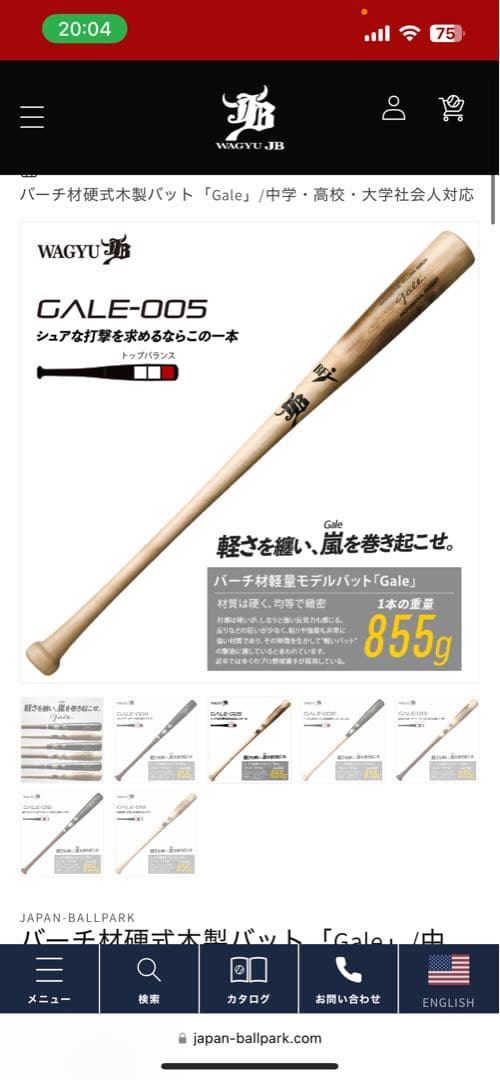 和牛JB WAGYU GALE005 木製バット 855g