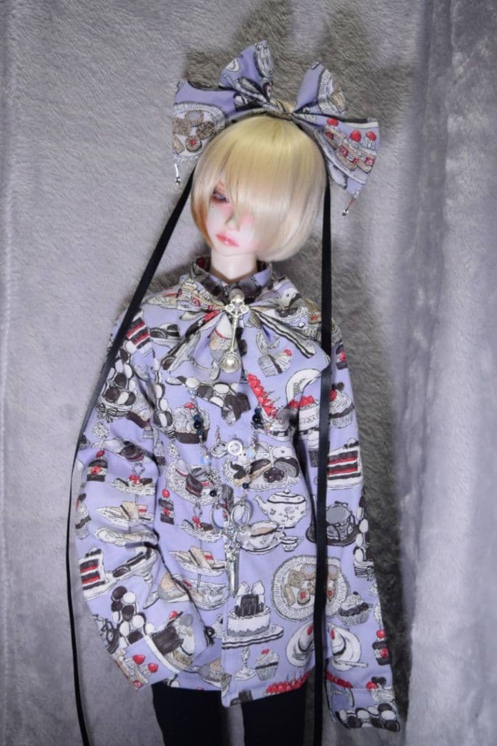 1/3ドール用オバケ袖シャツ お茶会柄(紫)ネックレスセット