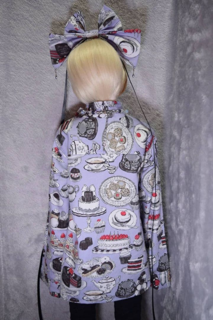 1/3ドール用オバケ袖シャツ お茶会柄(紫)ネックレスセット