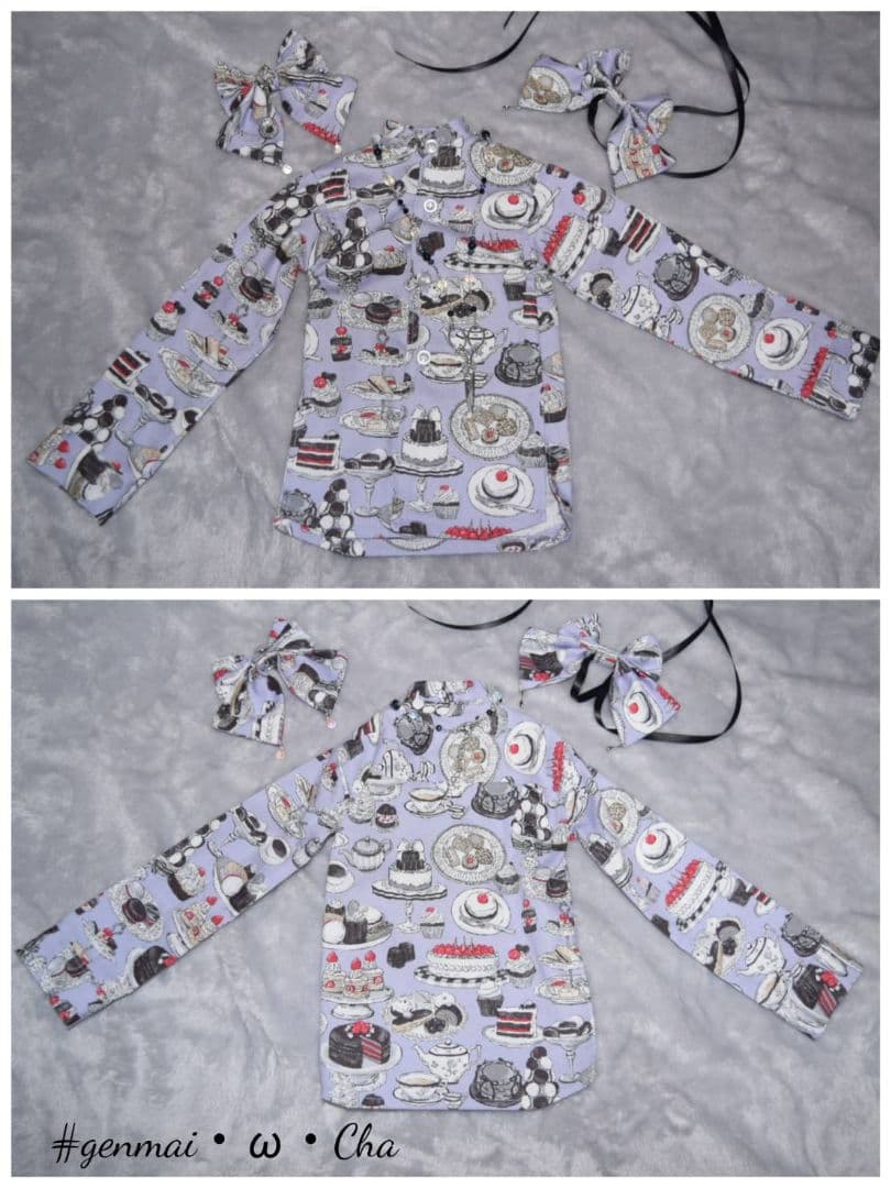 1/3ドール用オバケ袖シャツ お茶会柄(紫)ネックレスセット