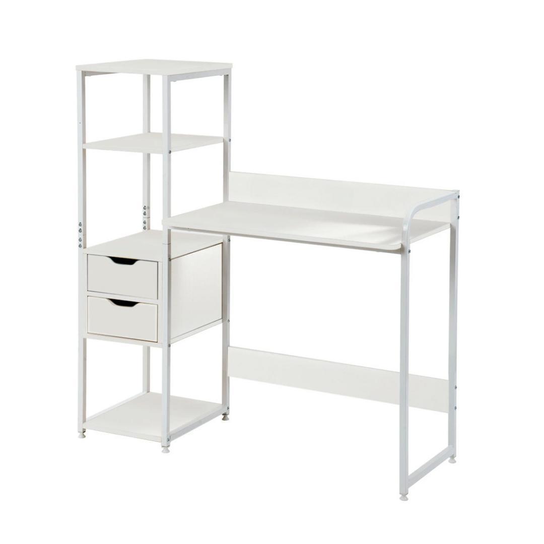 【ホワイト】パソコンデスク 引き出し付き　3段シェルフ付 パソコンデスク 木製