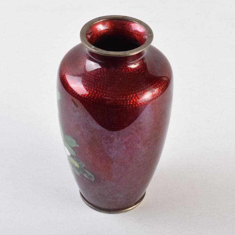 七宝焼　赤透釉　花文　花瓶　V　9018