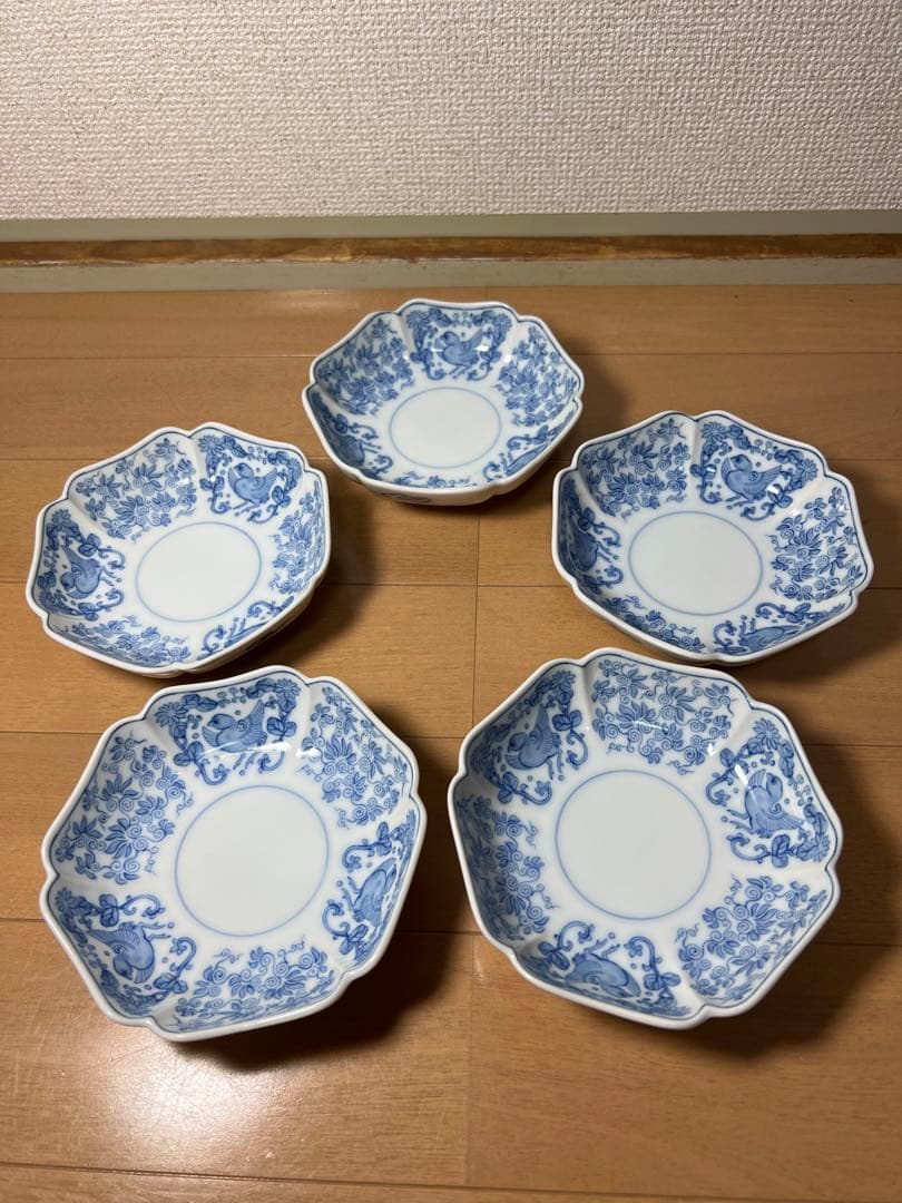 584 深川製磁　花鳥　皿　5客　未使用