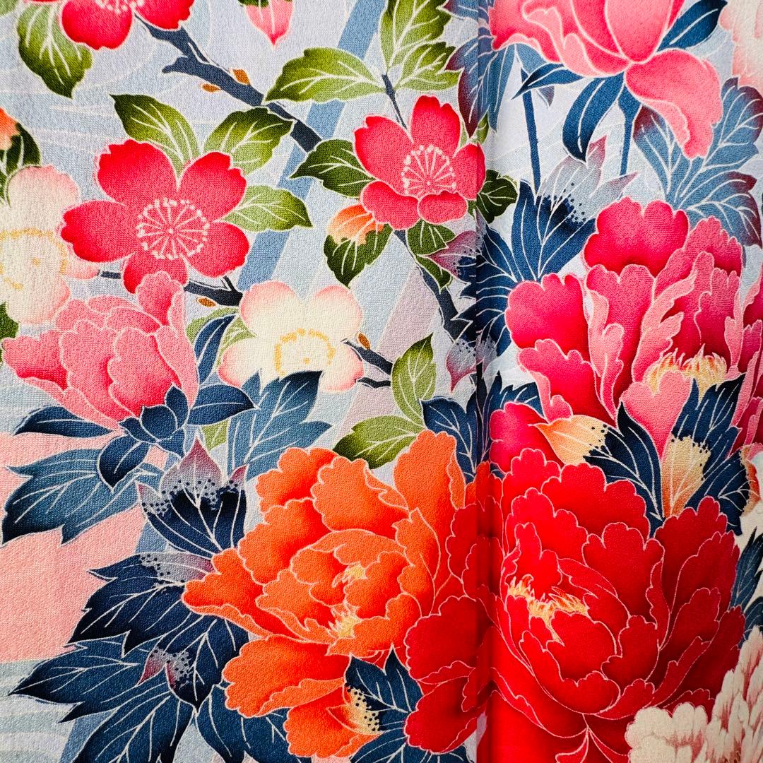 美品　現代　振袖　成人式　着物　正絹　164.5裄67 ピンク　水色　紅色　花柄