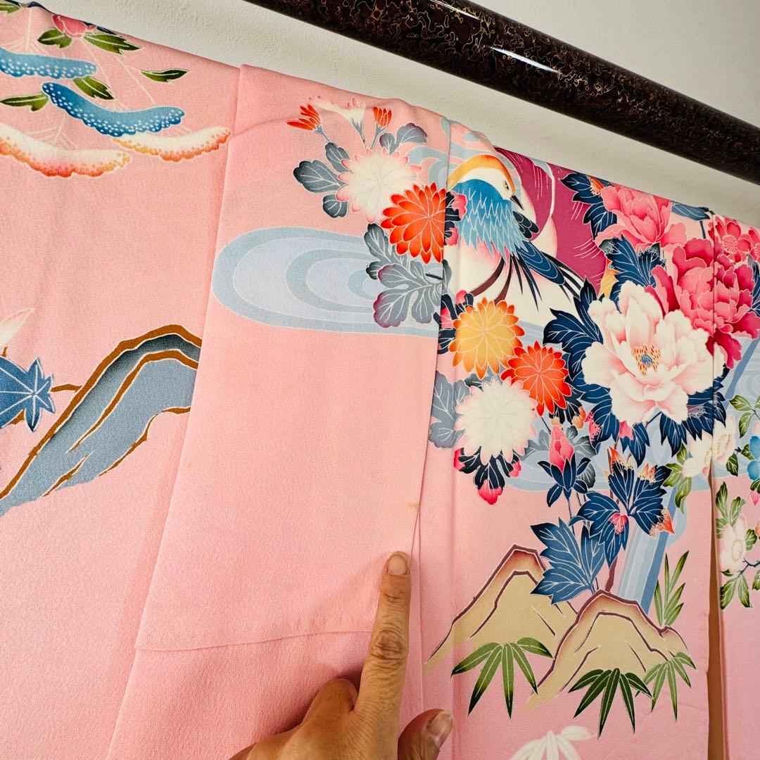 美品　現代　振袖　成人式　着物　正絹　164.5裄67 ピンク　水色　紅色　花柄