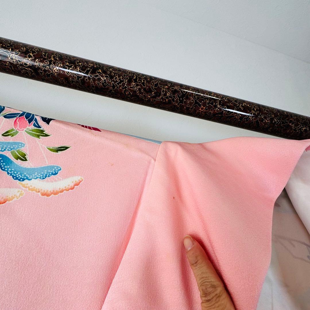 美品　現代　振袖　成人式　着物　正絹　164.5裄67 ピンク　水色　紅色　花柄