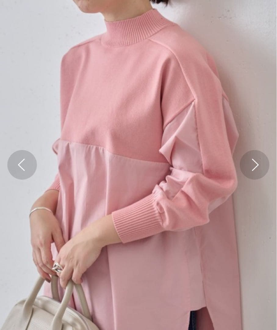 美品　ビアズリー　シャツコンビモックネックニット　春色　桜色