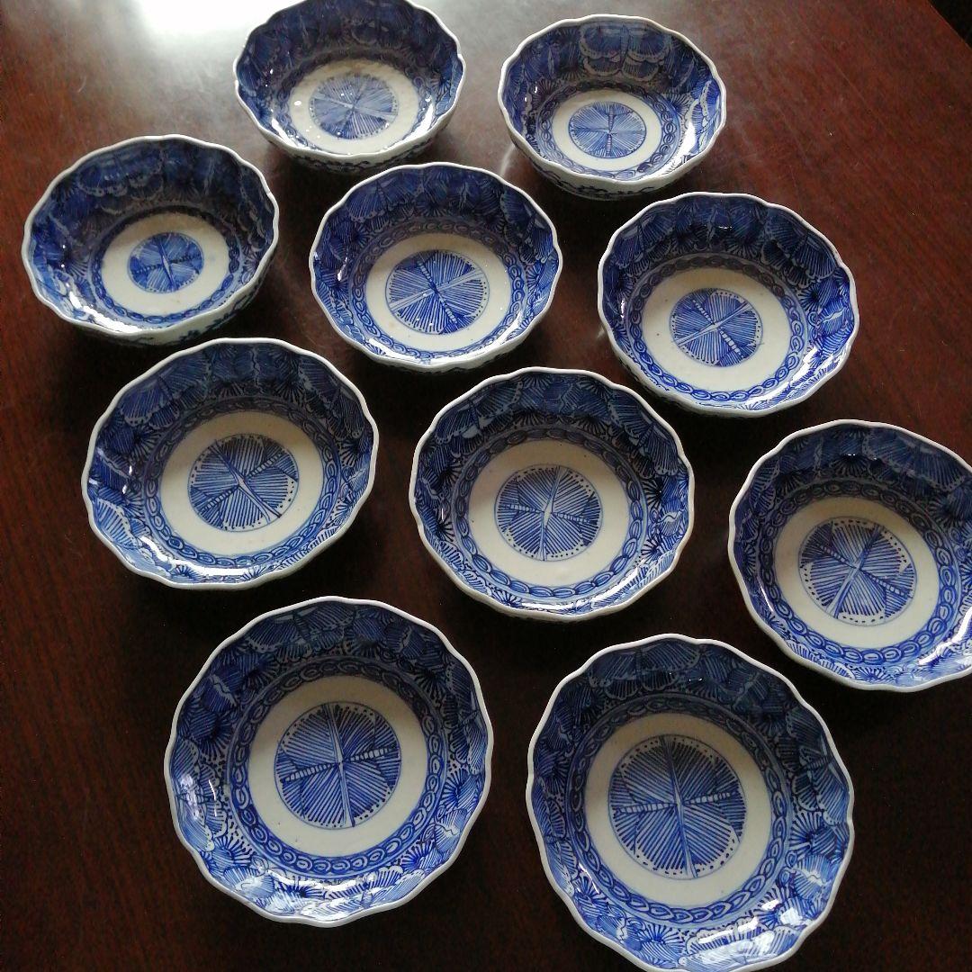 古伊万里　染付線描膾皿　10客　15cm　江戸後期～明治初期