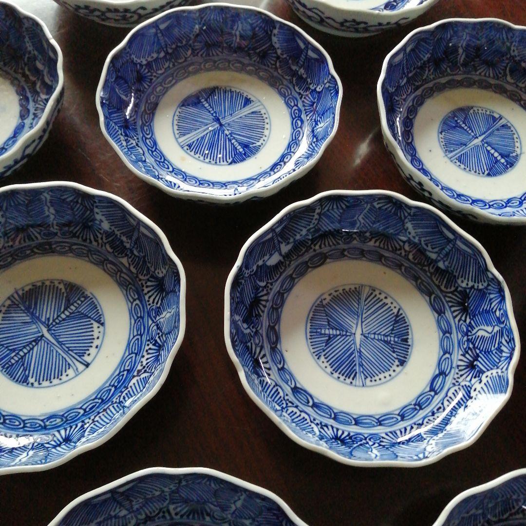 古伊万里　染付線描膾皿　10客　15cm　江戸後期～明治初期