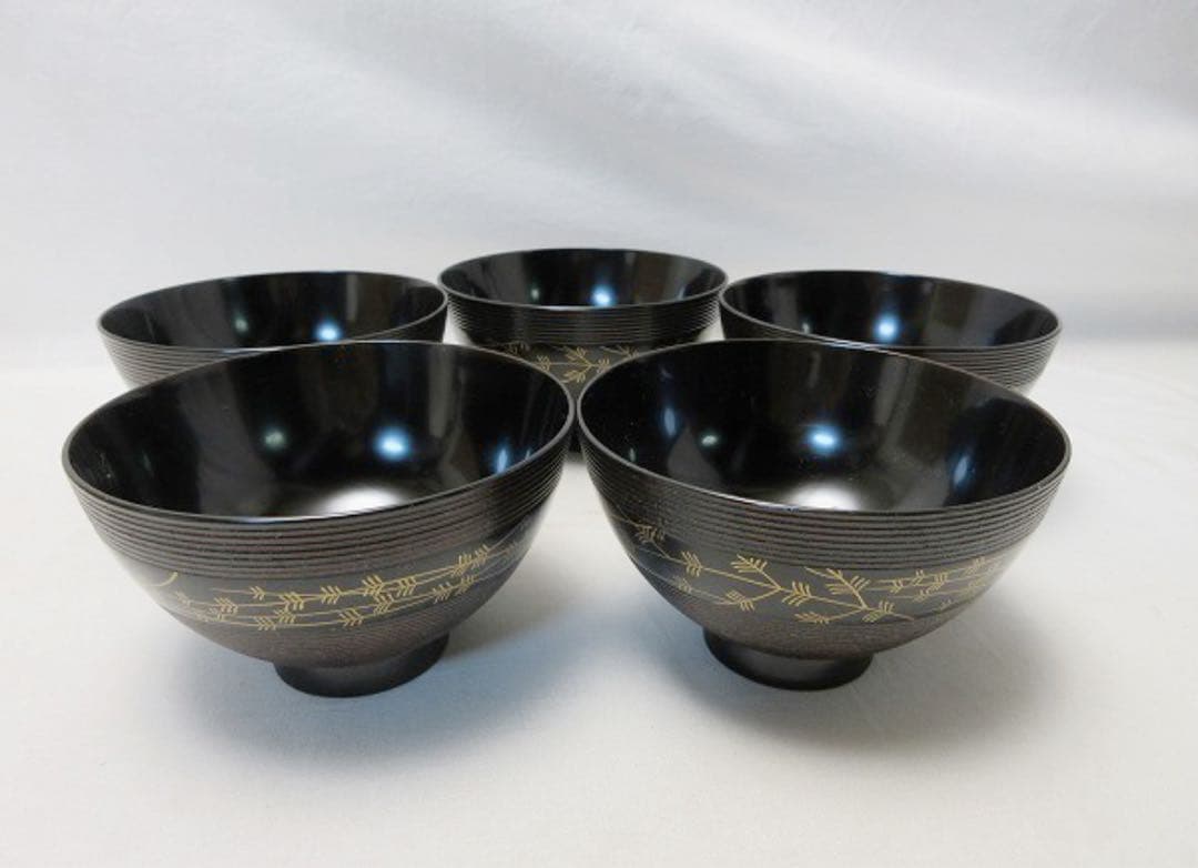 ほぼ未使用 懐石道具 木製溜塗 千筋 蒔絵 吸物椀5客揃 内黒 木箱