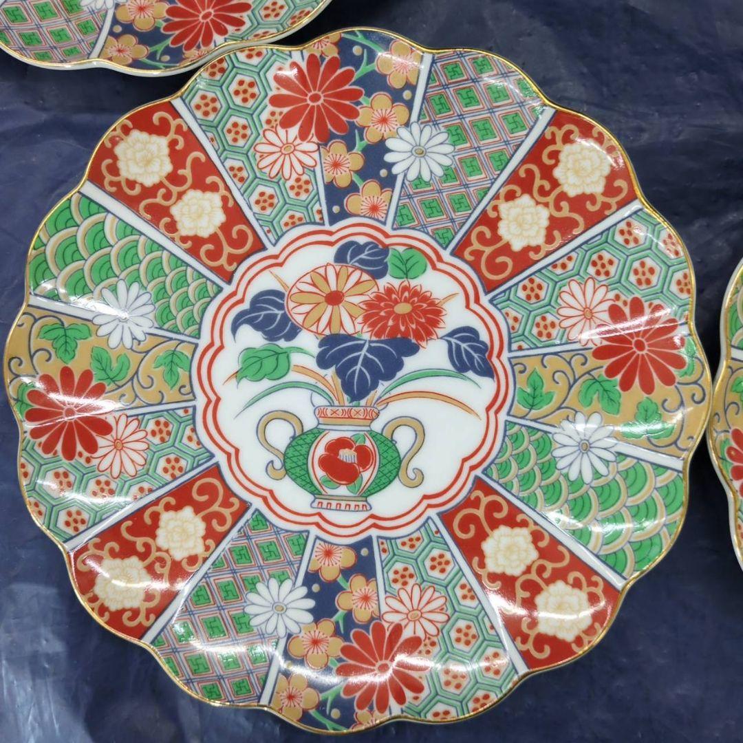 有田焼　陶扇　銘々皿×5枚　中皿　菊割皿　錦絵　赤絵　金彩　古伊万里　AB6.3