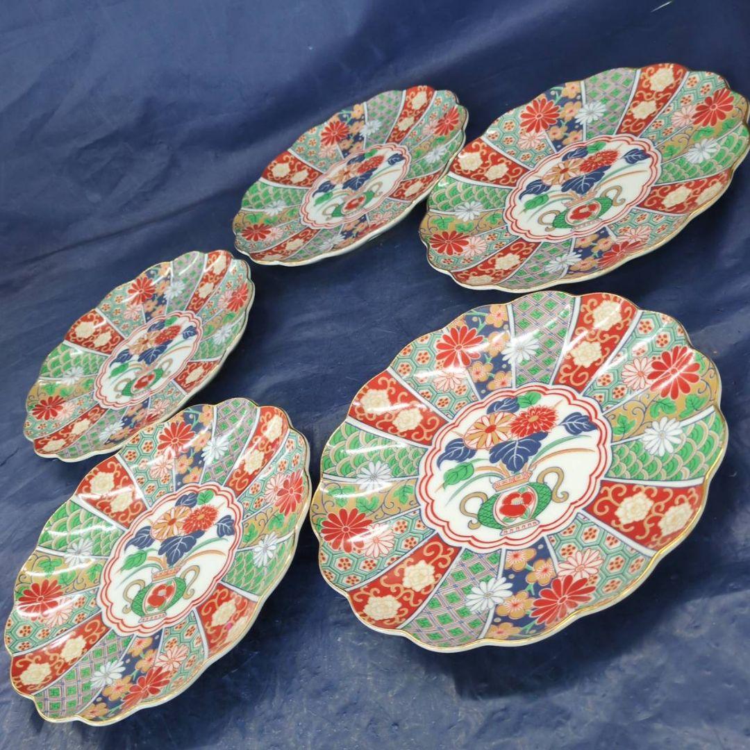 有田焼　陶扇　銘々皿×5枚　中皿　菊割皿　錦絵　赤絵　金彩　古伊万里　AB6.3
