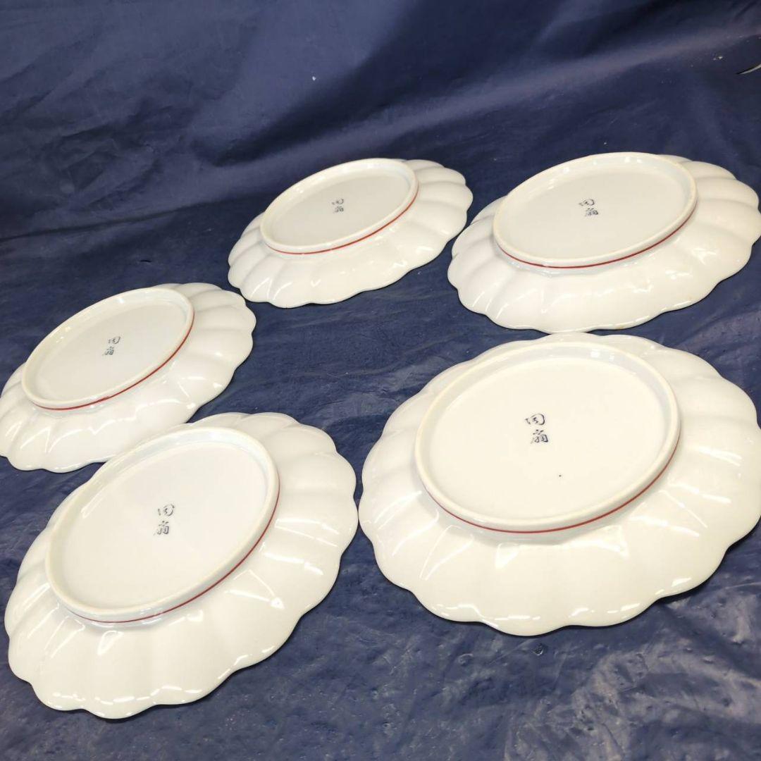 有田焼　陶扇　銘々皿×5枚　中皿　菊割皿　錦絵　赤絵　金彩　古伊万里　AB6.3