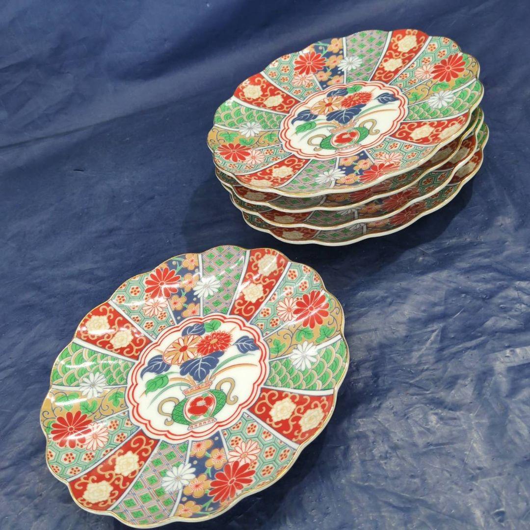 有田焼　陶扇　銘々皿×5枚　中皿　菊割皿　錦絵　赤絵　金彩　古伊万里　AB6.3