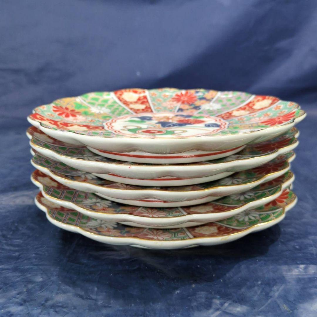 有田焼　陶扇　銘々皿×5枚　中皿　菊割皿　錦絵　赤絵　金彩　古伊万里　AB6.3