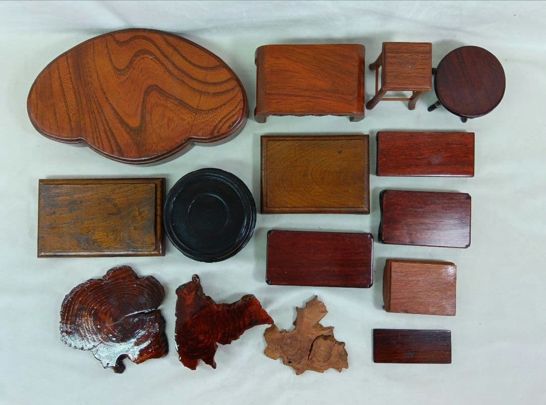 ミニ木製花台　盆栽敷板　15点セット　まとめ売り　飾り台　レトロ　香炉台　盆栽台