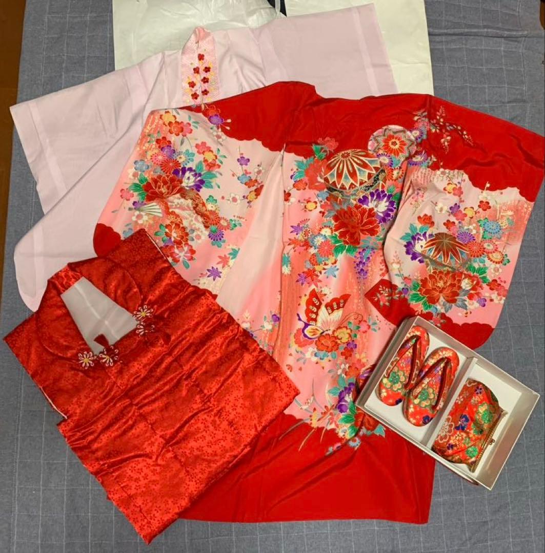 七五三 祝い着セット 赤い被布着付　赤とピンク