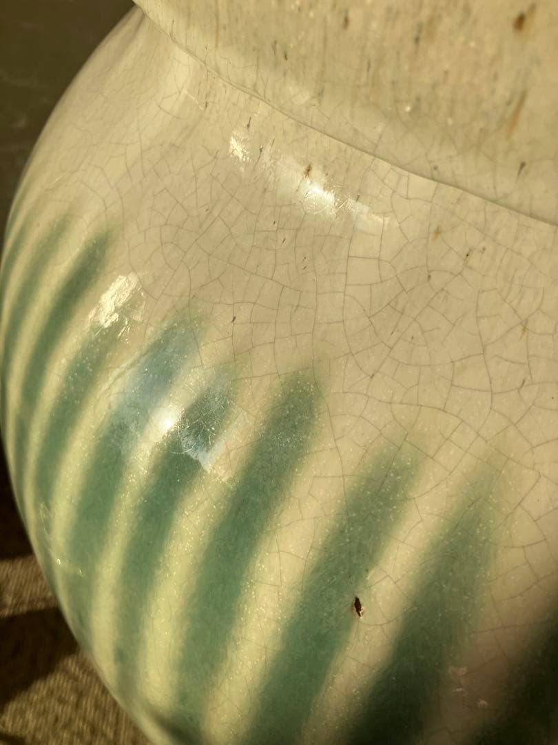 信楽焼　茶壺　大壺　すだれ壺　ストライプ柄　明治　アンティーク