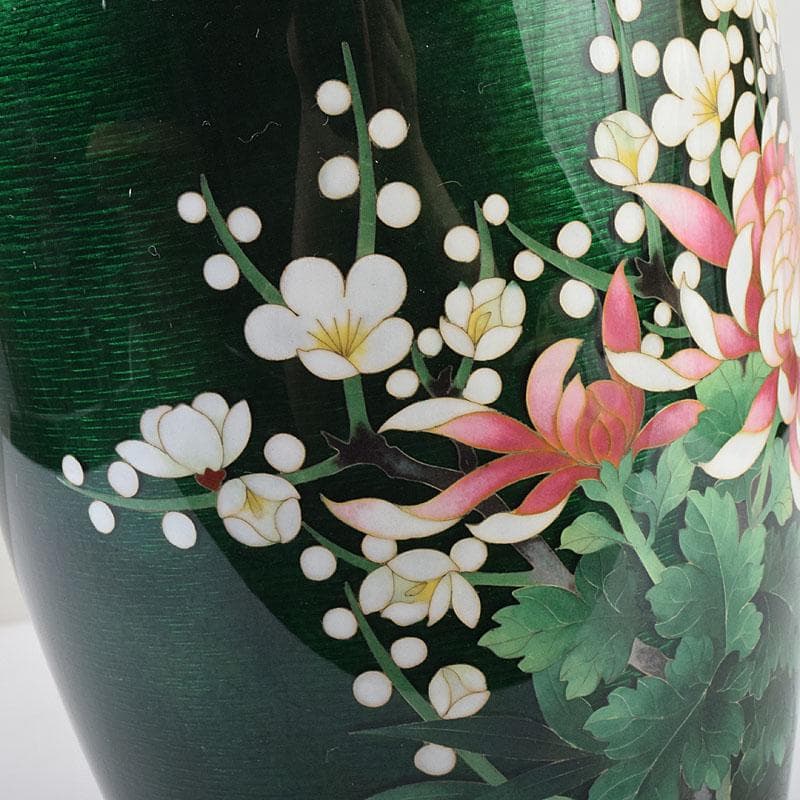 七宝焼　安藤七宝店　緑透釉　四君子文　花瓶　唐木台付　共箱　M　R9508