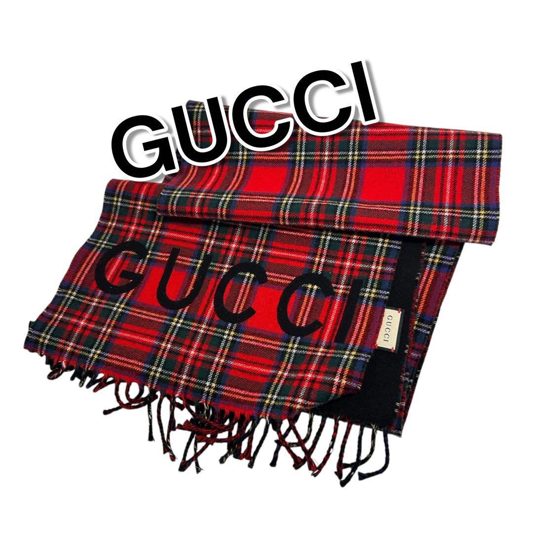 ピ*ー様 71637 GUCCI レッドチェック リバーシブルマフラー　ブラック