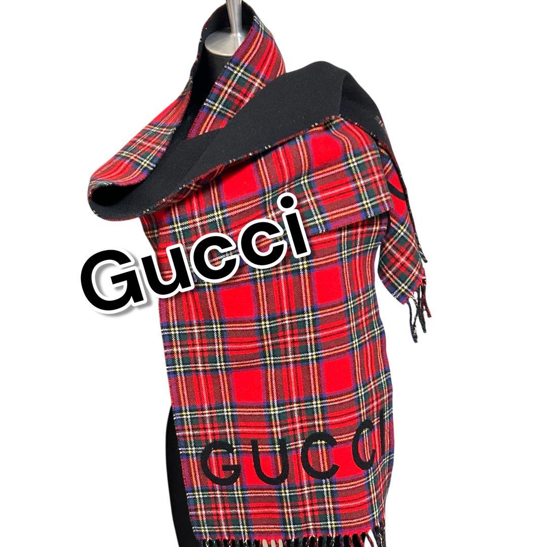 ピ*ー様 71637 GUCCI レッドチェック リバーシブルマフラー　ブラック