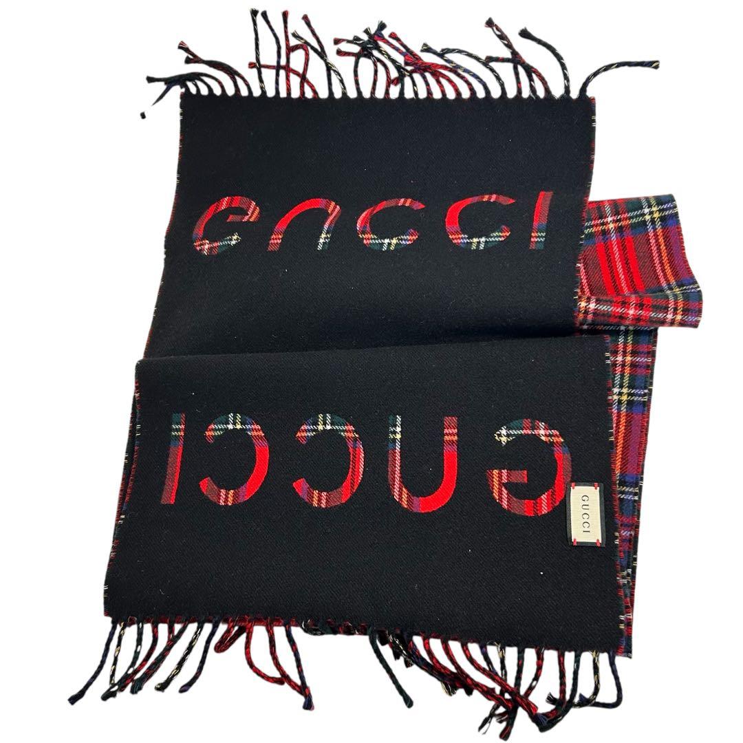 ピ*ー様 71637 GUCCI レッドチェック リバーシブルマフラー　ブラック